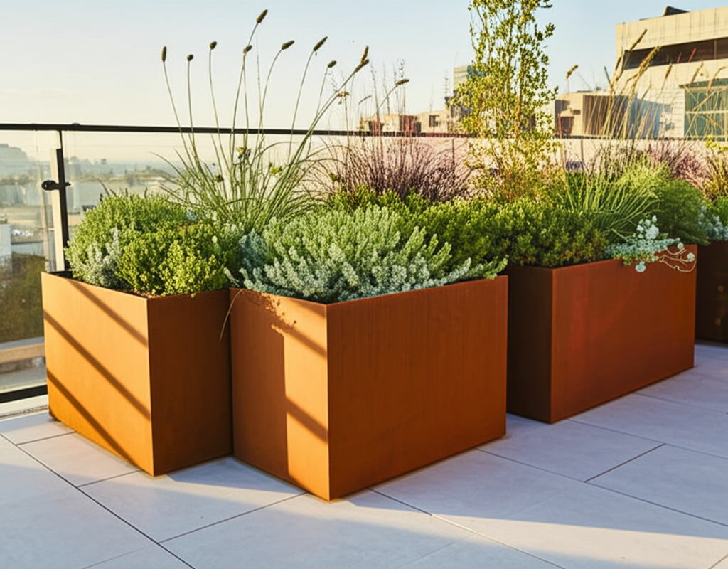 Cortenstaal plantenbak op terras
